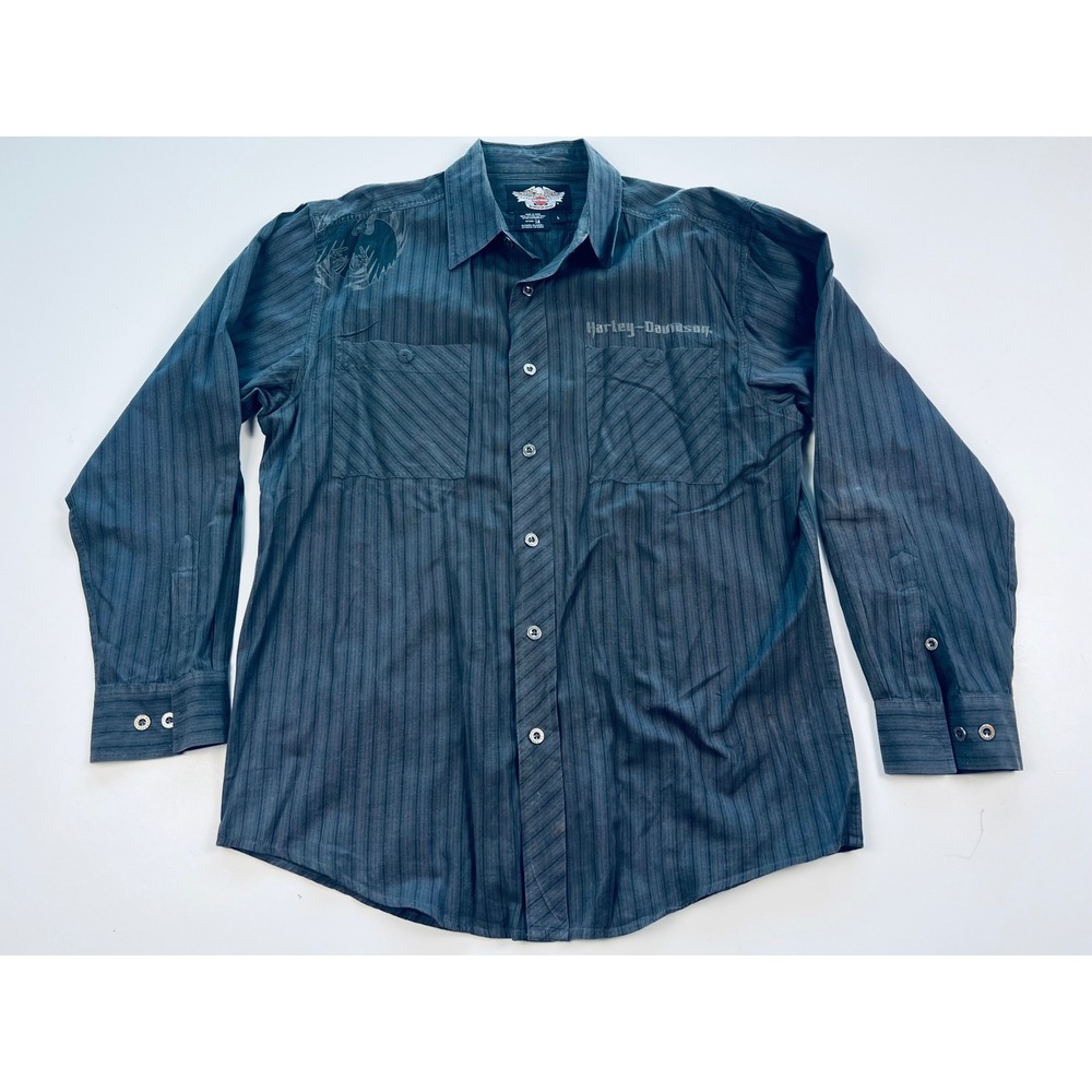 Harley Davidson Mens Long Sleeve Button Up Shirt Black Pinstripe Black Logo Lg